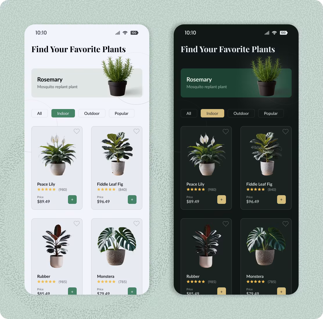 Shopify plant store recommendation screen showing personalized indoor and outdoor options