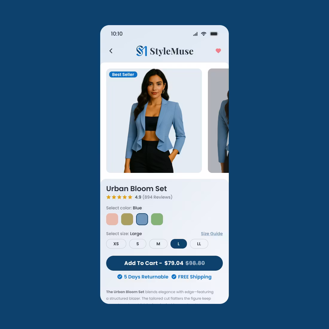 Fashion product page with detailed information and Shopify development features